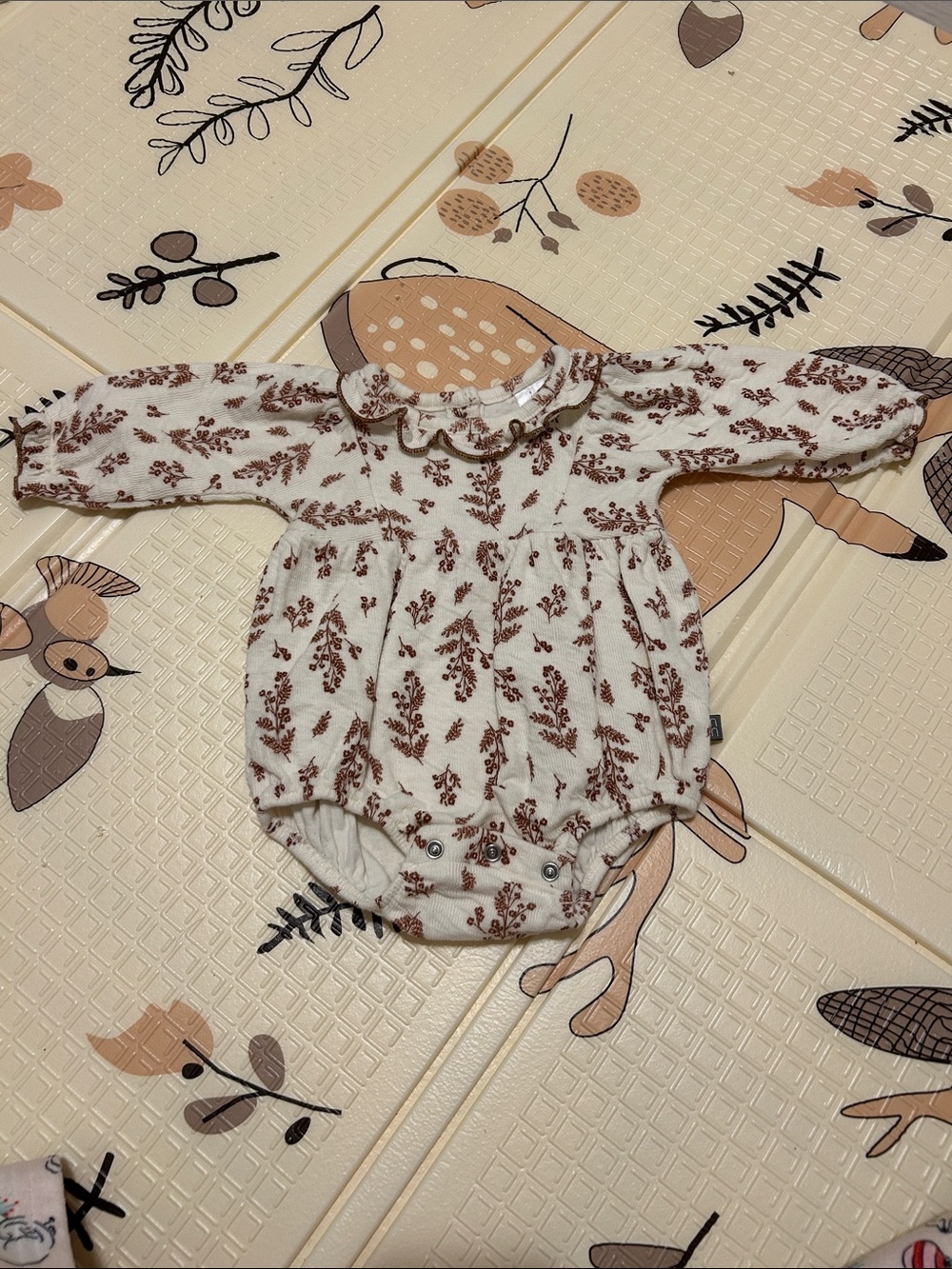 Soft Floral Print Baby One-Piece Romper in Cream and Brown